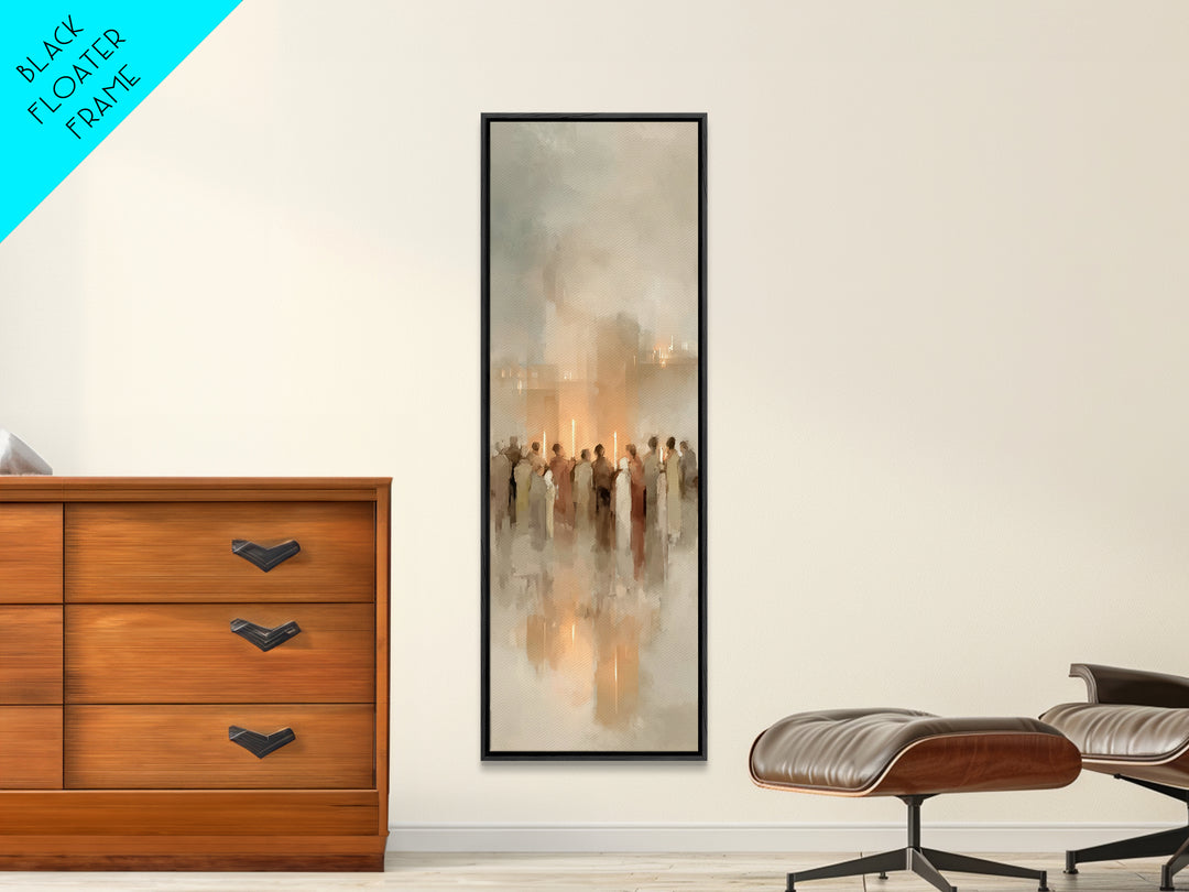 Candlelit Gathering | Framed Canvas Print | Christian Wall Art | Christian Christmas Art | Modern Christian Art | Narrow Art
