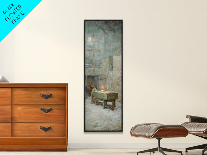 Soft Manger Dawn – Framed Canvas Print – Christian Art Canvas – Christmas Art – Subtle Christian Art – Tall Narrow Wall Art