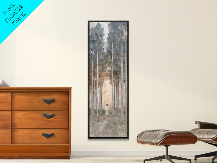 Light Through The Pines, Framed Canvas Print, Christian Art Canvas, Christian Wall Art, Jesus Painting, Skinny Art, Christian Christmas Art