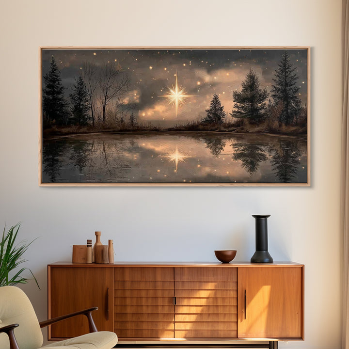 Night Star Reflection, Framed Canvas Print, Christian Art Canvas, Christmas Wall Art, Christian Christmas Art, Moody Christmas Art, Christi