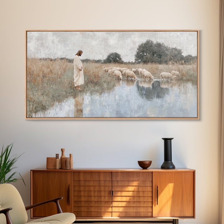 Gentle Shepherd Light – Framed Canvas Print – Christian Wall Art – Jesus Painting – Christian Art Canvas – Pastoral Scenery – Christian Chr