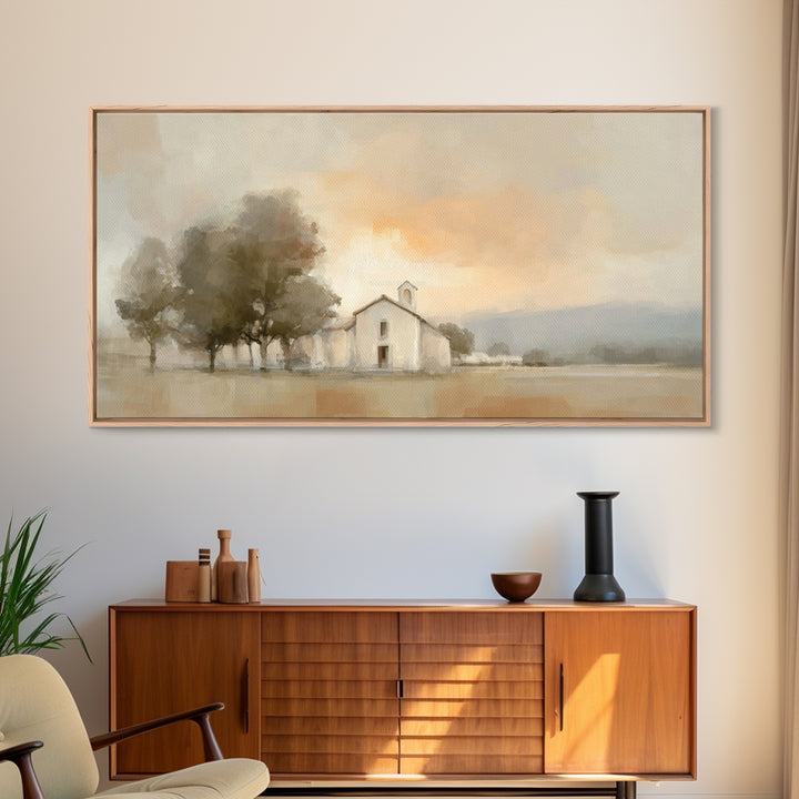 Chapel At Dawn – Framed Canvas Print – Christian Wall Art – Minimalist Christian Art – Christian Art Canvas – Modern Christian Painting – P