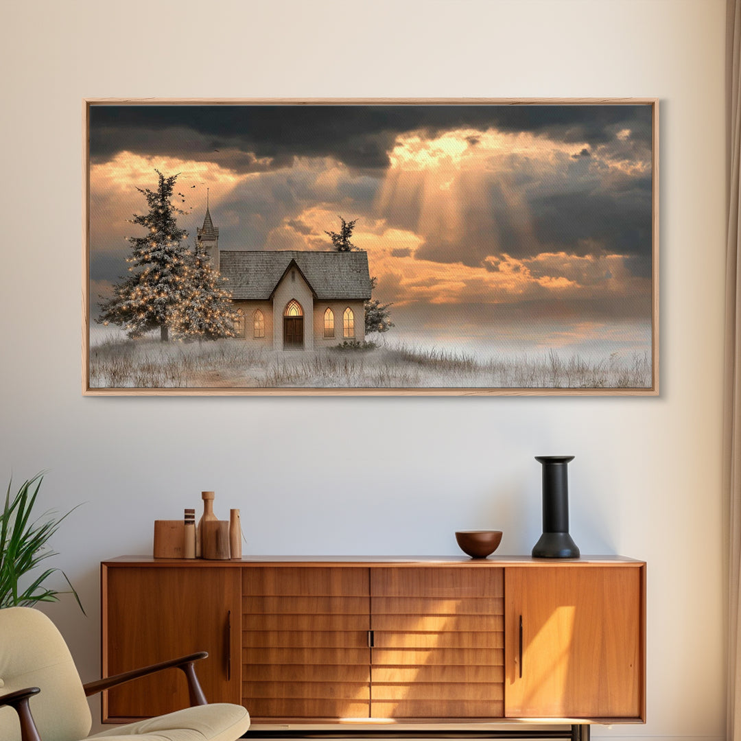 Light Of The Chapel – Framed Canvas Print – Christmas Art – Christian Christmas Art – Christian Wall Art – Christian Art Canvas – Winter Ch