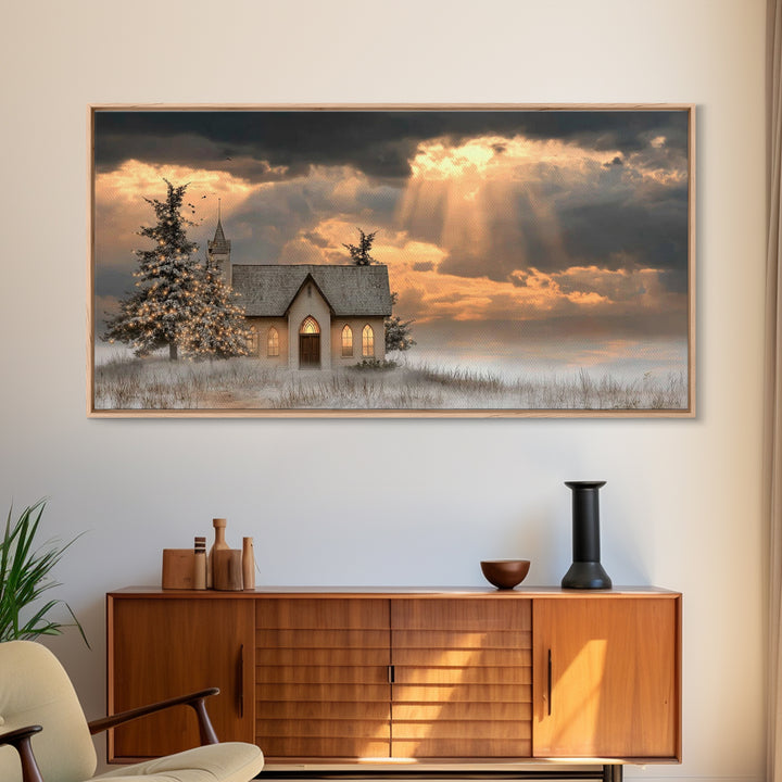 Light Of The Chapel – Framed Canvas Print – Christmas Art – Christian Christmas Art – Christian Wall Art – Christian Art Canvas – Winter Ch