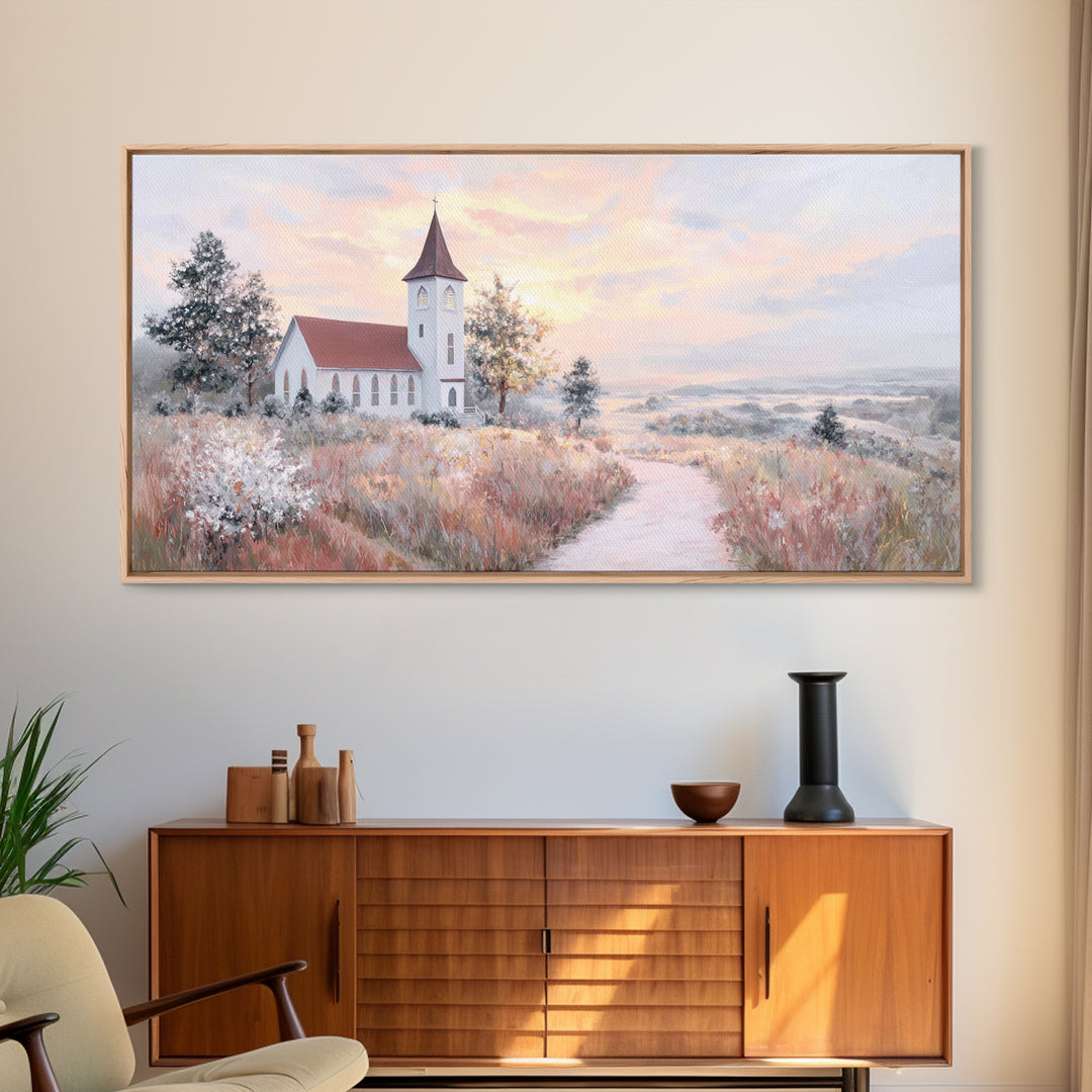 Sunrise Church Path – Framed Canvas Print – Christian Wall Art – Christian Art Canvas – Christian Art Work – Large Christian Art – Subtle C