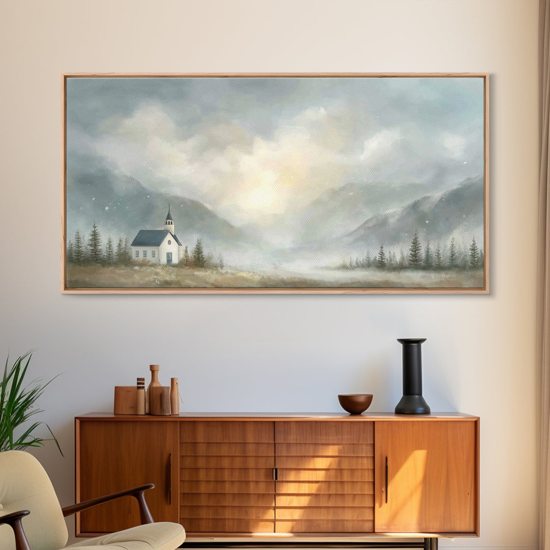 Mountain Chapel Light – Framed Canvas Print – Christian Art Canvas – Christian Wall Art – Moody Christian Art – Christian Painting – Modern