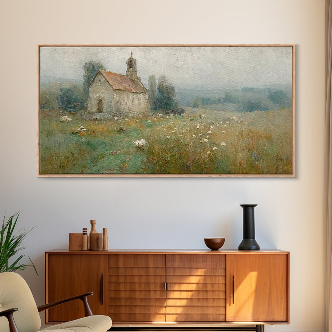 Quiet Chapel Meadow – Framed Canvas Print – Christian Art Canvas – Vintage Christian Art – Christian Painting – Christian Wall Art – Christ