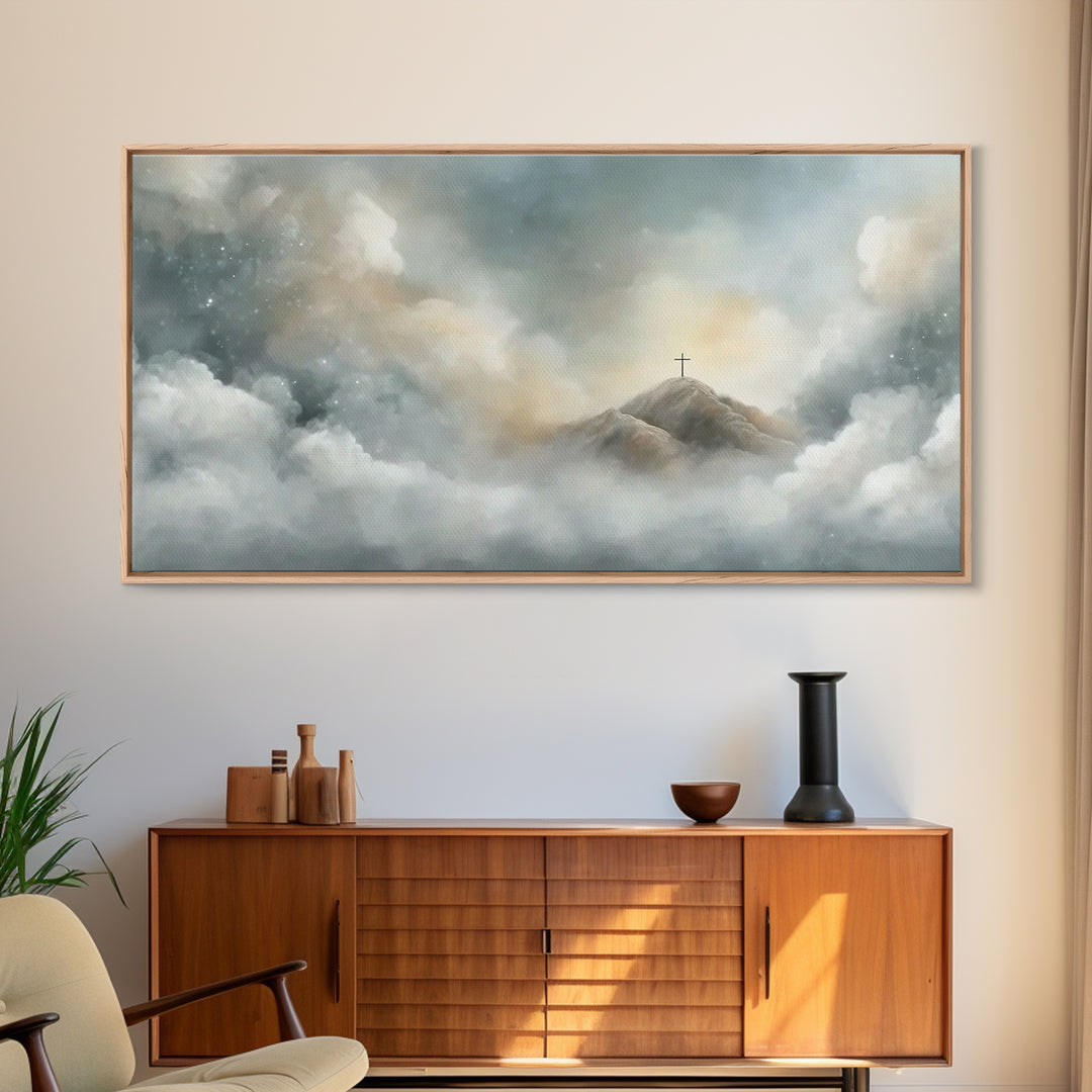 Silent Peaks – Framed Canvas Print – Christian Wall Art – Minimalist Christian Art – Christian Art Canvas – Christmas TV Art