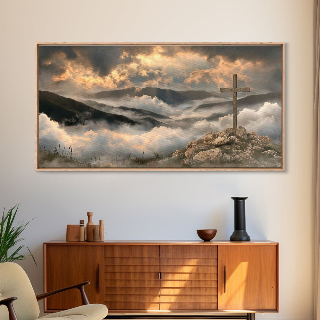 Cross Of Dawn – Framed Canvas Print – Christian Art Canvas – Christian Wall Art – Moody Christian Art – Christmas Art Framed