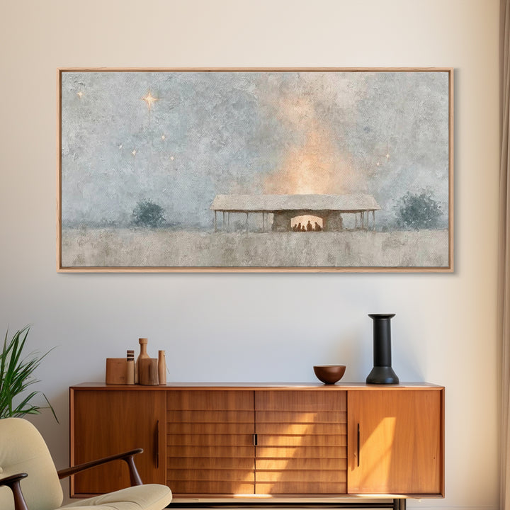 Holy Stable Glow | Framed Canvas Print | Christian Wall Art | Christian Christmas Art | Christmas Art | Christian Art Canvas