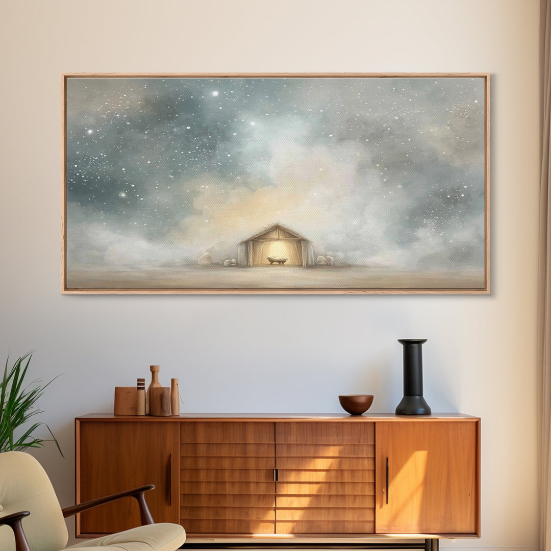Manger Under Heaven, Framed Canvas Print, Christian Art Canvas, Christmas Art, Christian Christmas Art, Christian Wall Art