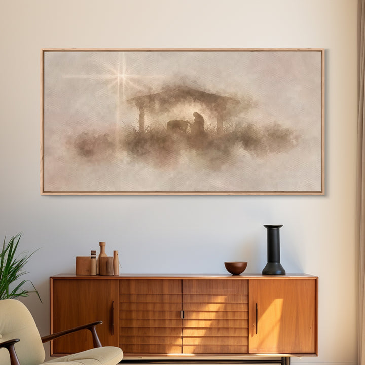 Gentle Nativity Mist | Framed Canvas Print | Christian Christmas Art | Christian Wall Art | Christian Art Canvas | Christmas Art