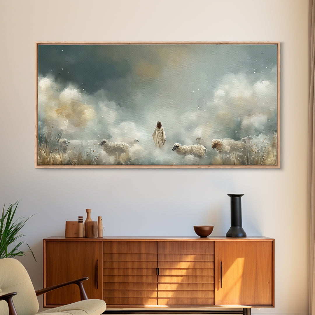 Heavenly Shepherd Light – Framed Canvas Print – Christian Wall Art – Jesus Painting – Christian Art Canvas – Christmas Art – Christian Deco