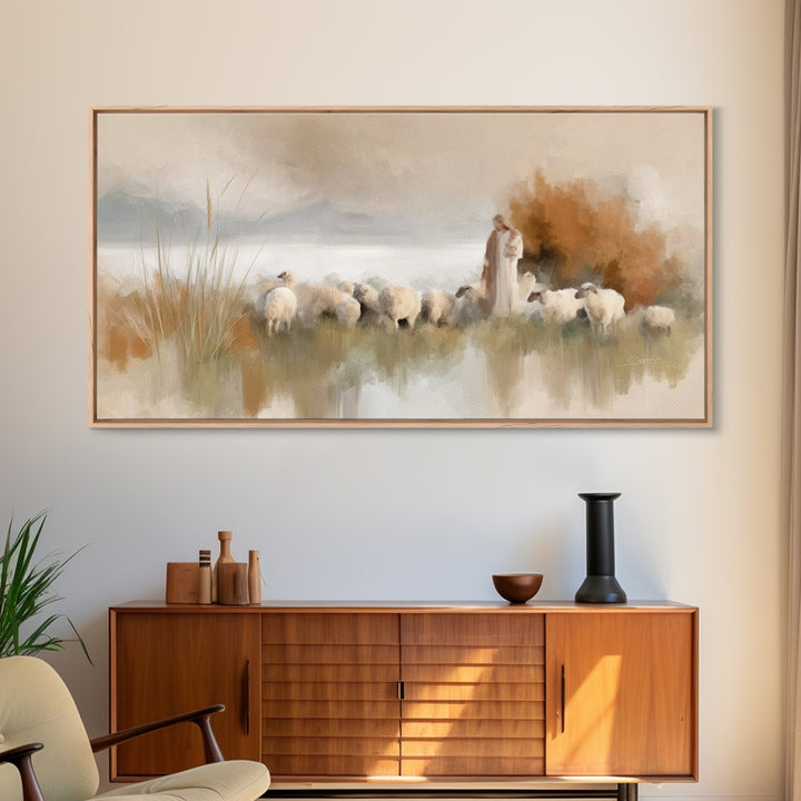 Hillside Shepherd Calm | Framed Canvas Print | Christian Art Canvas | Christian Wall Art | Jesus Painting | Christian Christmas Art | Uniqu