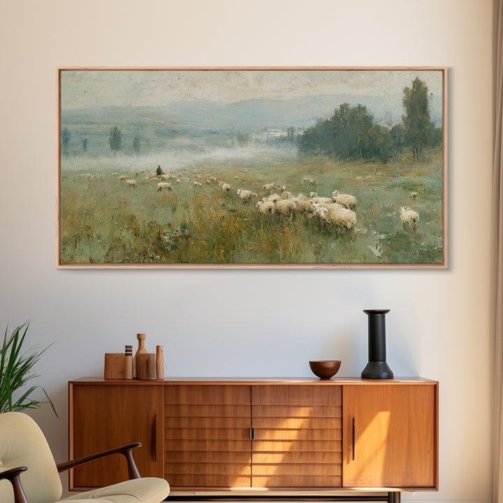Twilight Pasture Peace, Framed Canvas Print, Christian Wall Art, Jesus Painting, Christian Art Canvas, Moody Christian Art, Christmas Wall