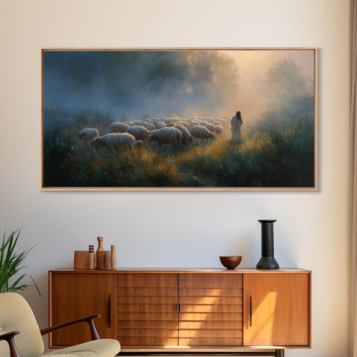 Shepherd’s Meadow Light | Framed Canvas Print | Christian Art Canvas | Christian Wall Art | Jesus Painting | Christmas Art | Vintage Christ