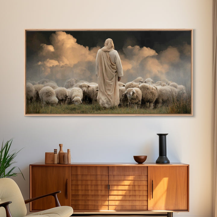 Cloudside Flock Light, Framed Canvas Print, Jesus Painting, Christian Art Canvas, Christian Wall Art, Large Christian Painting, Christian A