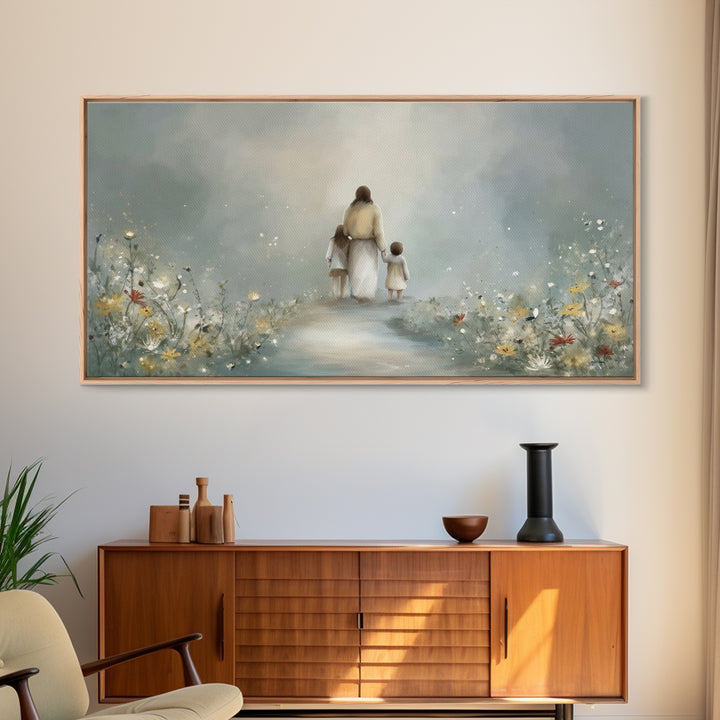 Heaven’s Meadow Path | Framed Canvas Print | Jesus Painting | Christian Art Canvas | Christian Wall Art | Modern Christian Art | Christian