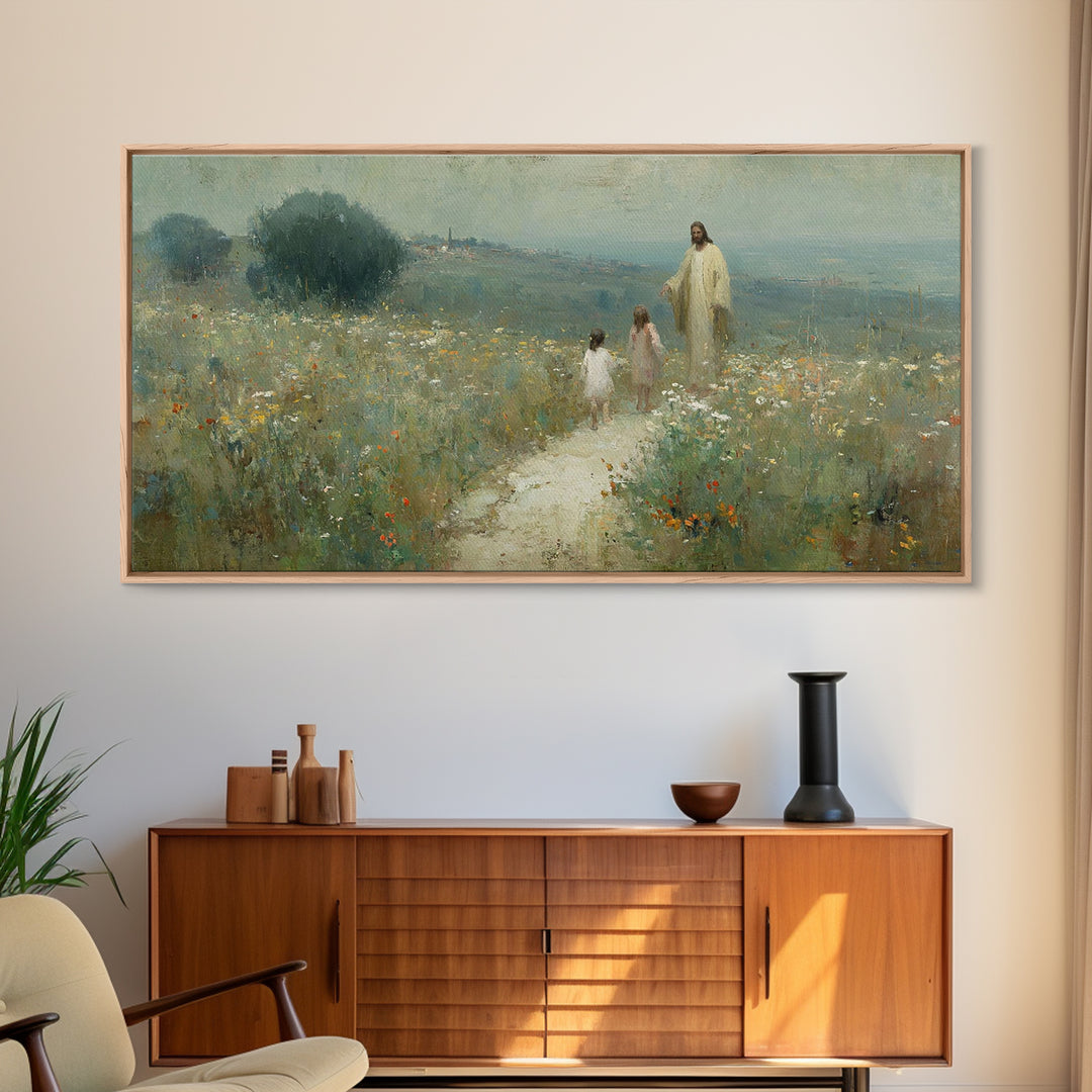 Hillside Promise Walk | Framed Canvas Print | Christian Art Canvas | Christian Wall Art | Jesus Painting | Christian Art Print | Christian
