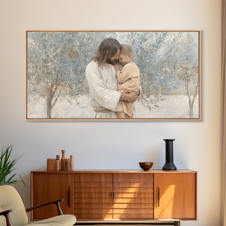 Gentle Embrace, Framed Canvas Print, Jesus Painting Canvas, Christian Art Gift, Christian Wall Art, Modern Christian Art