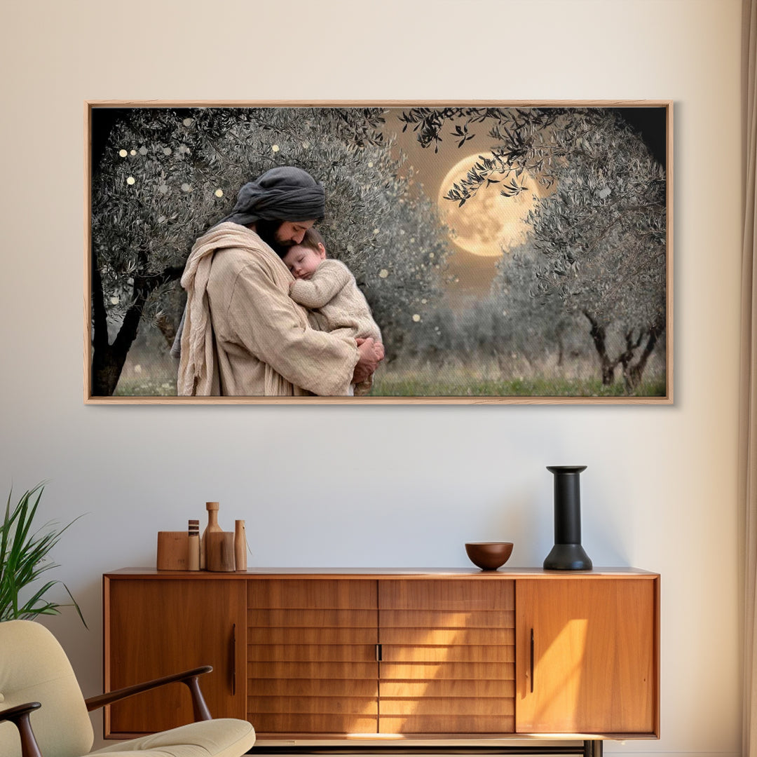 Moonlit Comfort | Framed Canvas Print | Jesus Wall Art | Christian Christmas Art | Christian Art Painting | Unique Christian Art