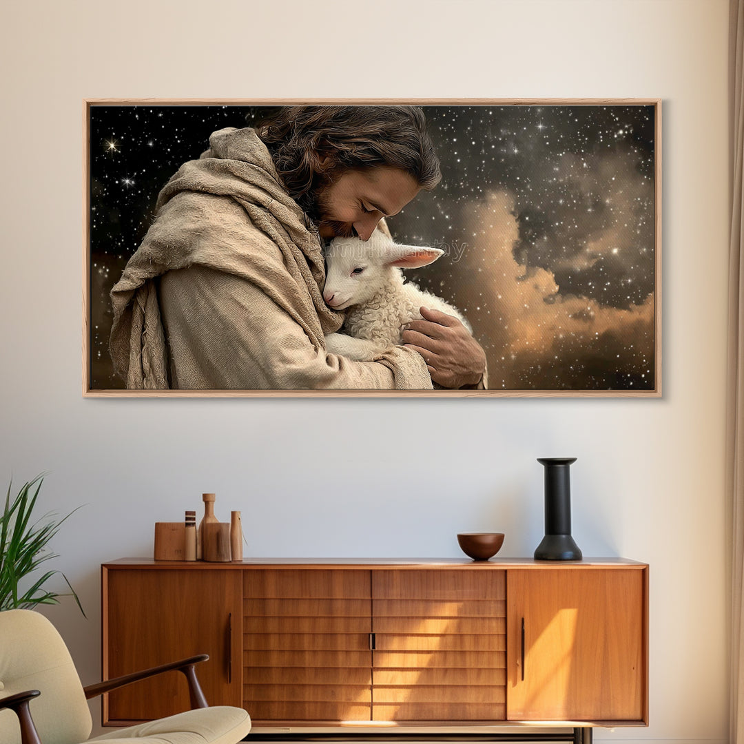 Shepherd’s Embrace – Framed Canvas Print – Christian Art Canvas – Christian Wall Art – Jesus Painting – Christian Christmas Art