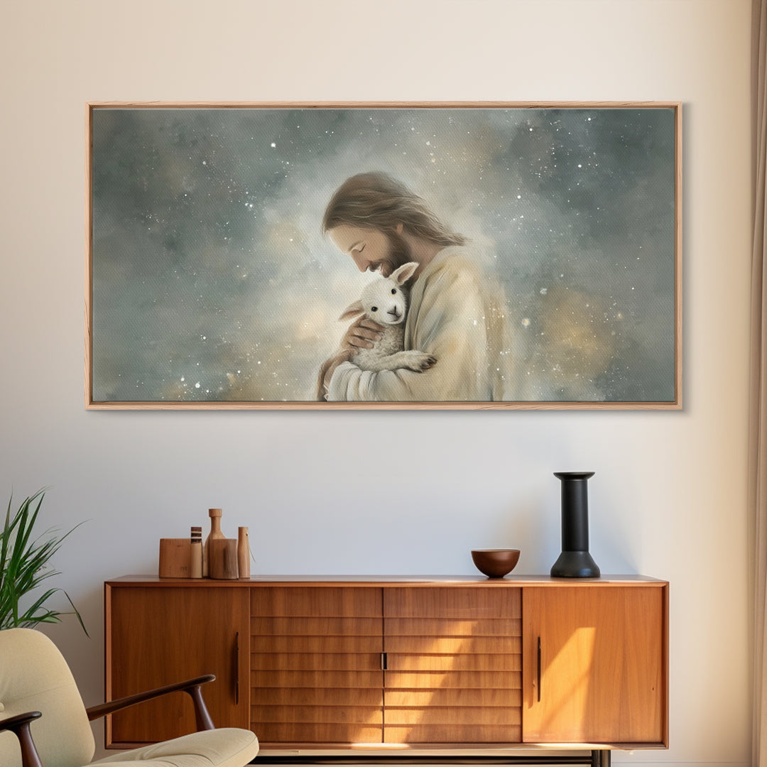 Tender Shepherd Love, Framed Canvas Print, Jesus Painting, Christian Wall Art, Christian Art Canvas, Christmas Art