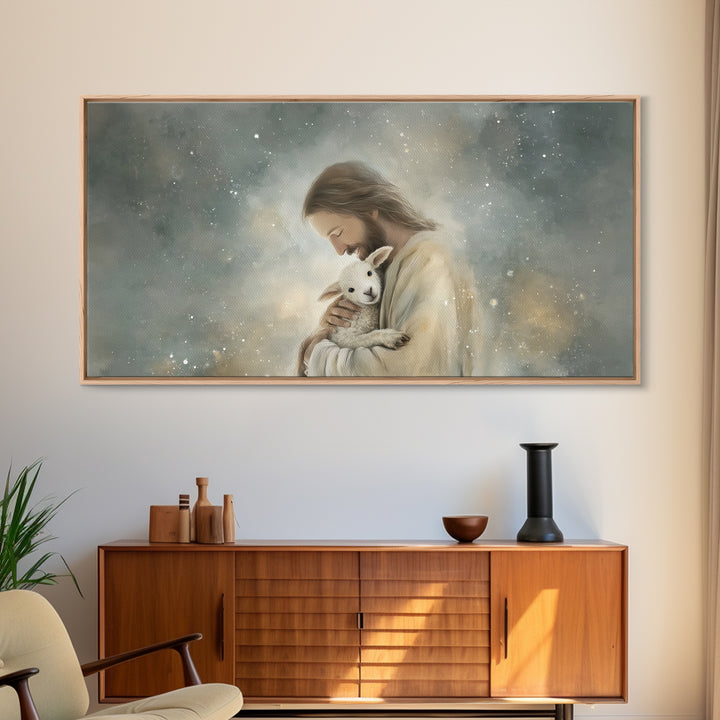 Tender Shepherd Love, Framed Canvas Print, Jesus Painting, Christian Wall Art, Christian Art Canvas, Christmas Art
