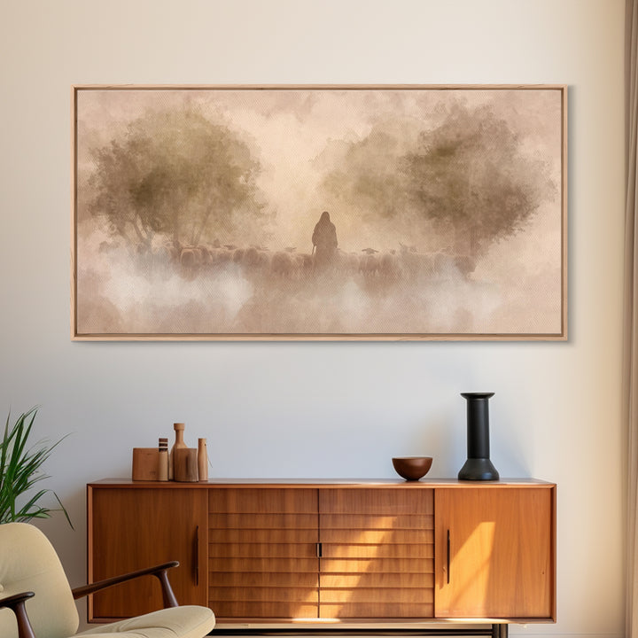 Shepherd’s Dawn Glow | Framed Canvas Print | Christian Art Canvas | Jesus Painting | Christian Wall Art | Moody Christian Art | Christmas W
