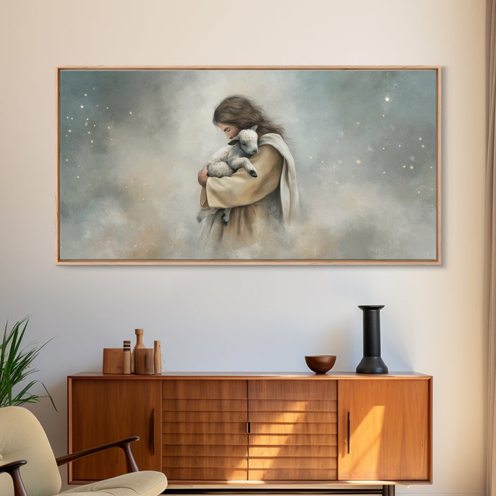 Heaven’s Gentle Hold, Framed Canvas Print, Christian Wall Art, Jesus Painting, Modern Christian Art, Christian Art Canvas, Christian Christ