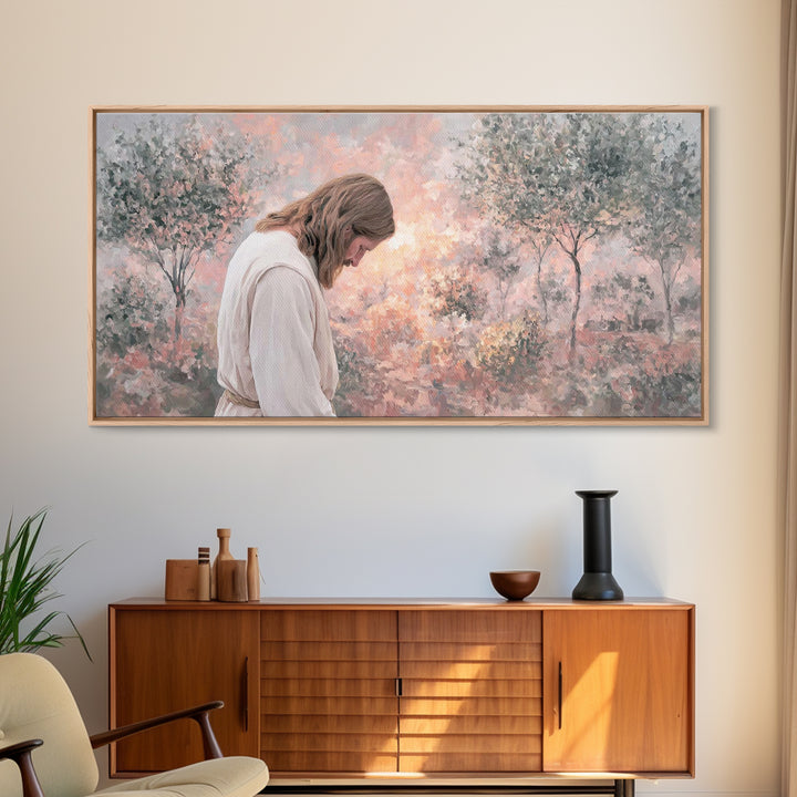 Sacred Garden Light, Framed Canvas Print, Christian Art Canvas, Christian Wall Art, Jesus Painting, Minimalist Christian Art, Christian Chr