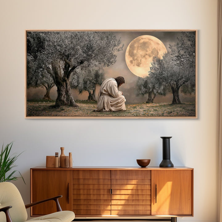 Moonlit Prayer – Framed Canvas Print | Christian Wall Art | Jesus Painting | Christian Art Canvas | Modern Christian Art | Christian Christ