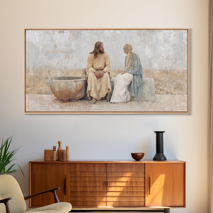 Living Water Meeting, Framed Canvas Print, Christian Wall Art, Christian Art Canvas, Jesus Painting, Modern Christian Art, Christian Decor