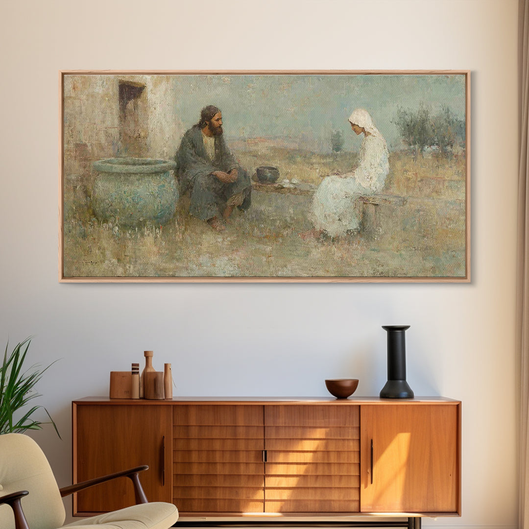 Quiet Well Encounter – Framed Canvas Print – Christian Art Canvas – Christian Painting – Subtle Christian Art – Christian Wall Art – Christ