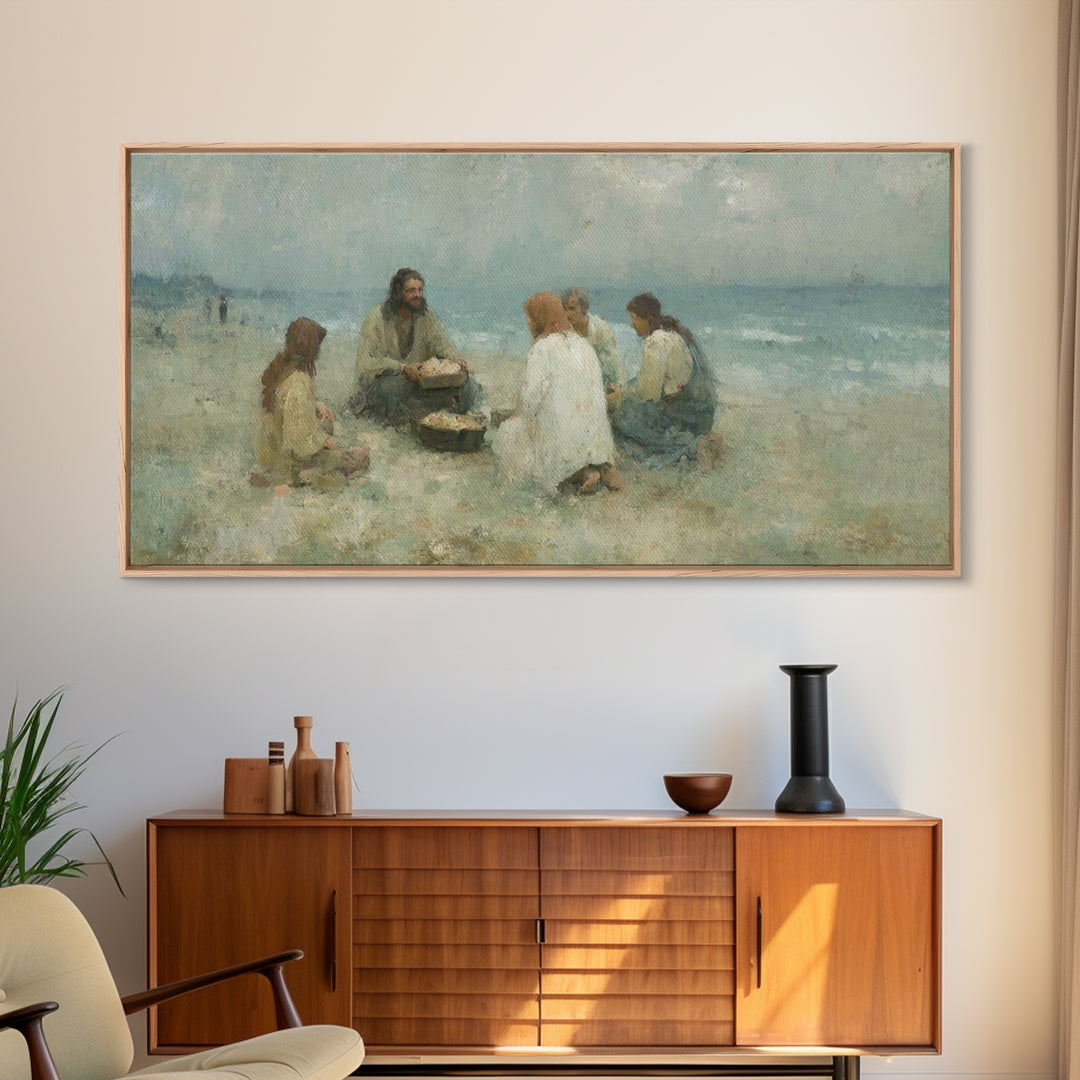 Shoreline Gathering – Framed Canvas Print – Christian Wall Art – Christian Art Canvas – Jesus Painting – Large Christian Art – Christian Gi