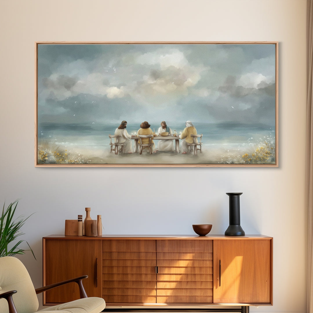 Seaside Supper, Framed Canvas Print, Christian Art Canvas, Christian Wall Art, Modern Christian Painting, Jesus Art Print, Christian Gift I