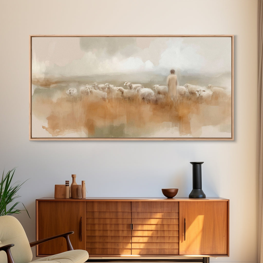 Soft Meadow Guide – Framed Canvas Print – Christian Art – Jesus Painting – Christian Art Canvas – Christian Wall Art – Christian Christmas