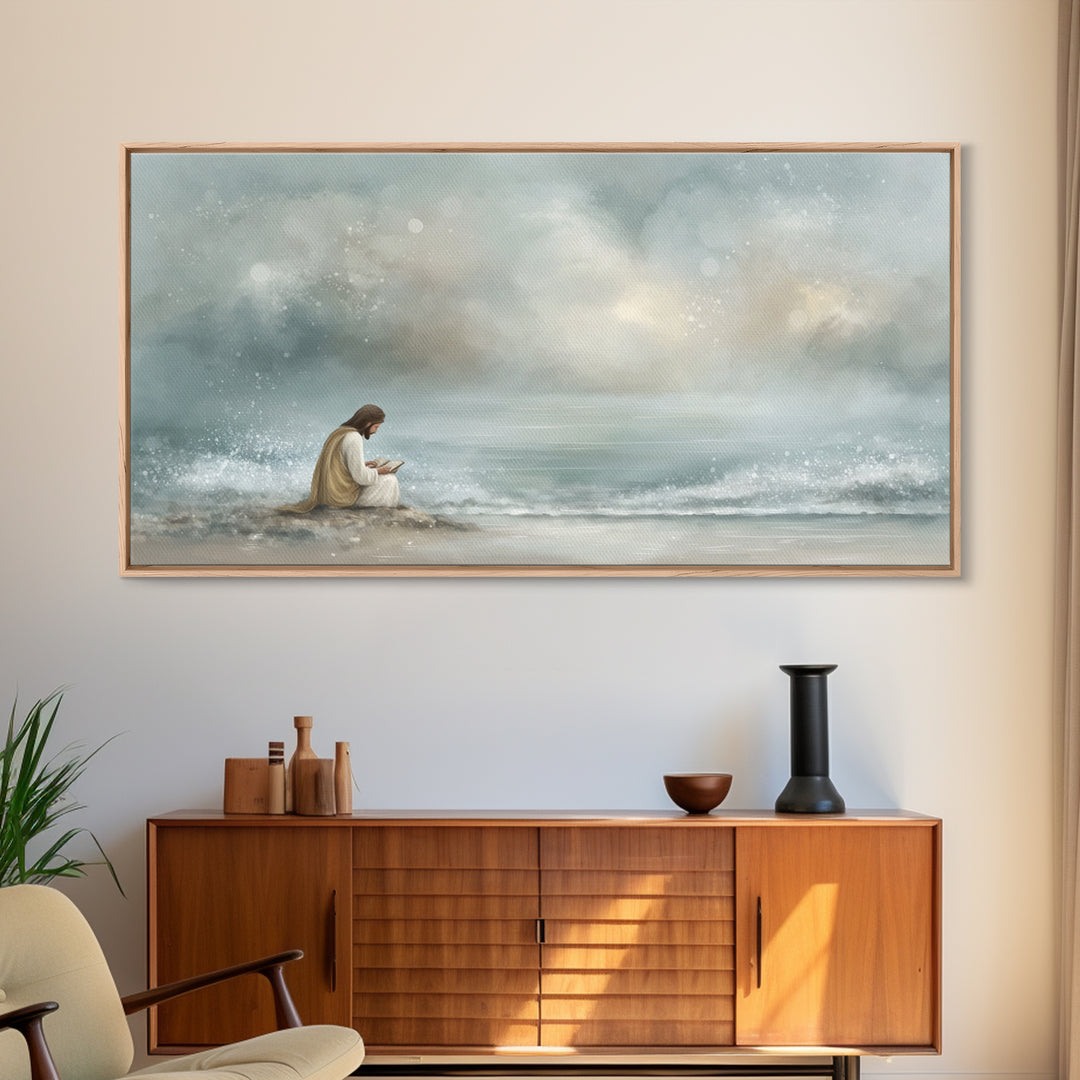 Shoreline Hope – Framed Canvas Print – Christian Art Canvas – Christian Wall Art – Jesus Painting – Minimalist Christian Art – Christian Gi