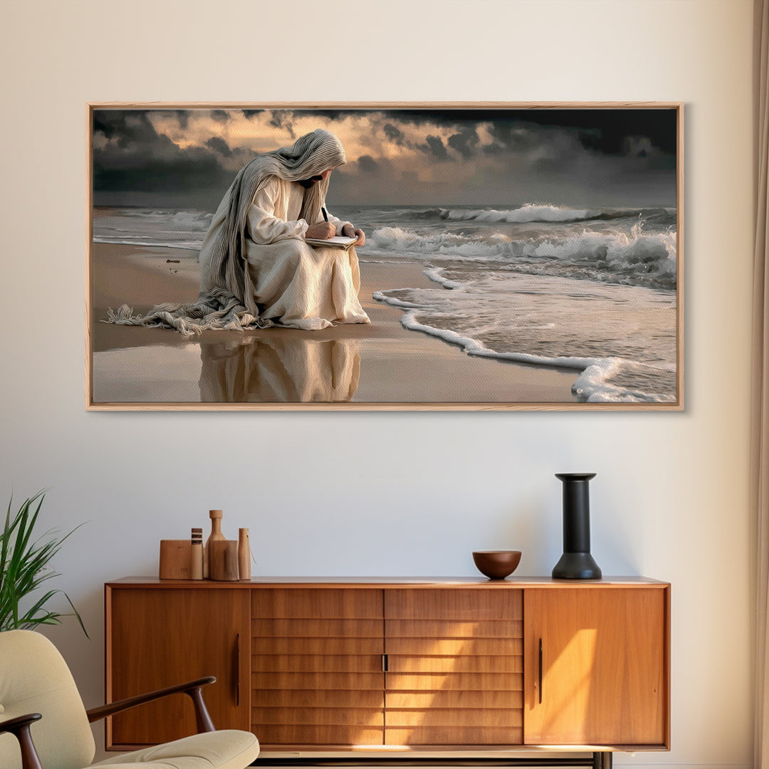 Shoreline Grace – Framed Canvas Print – Christian Wall Art – Jesus Painting – Modern Christian Art – Christian Christmas Art – Large Jesus