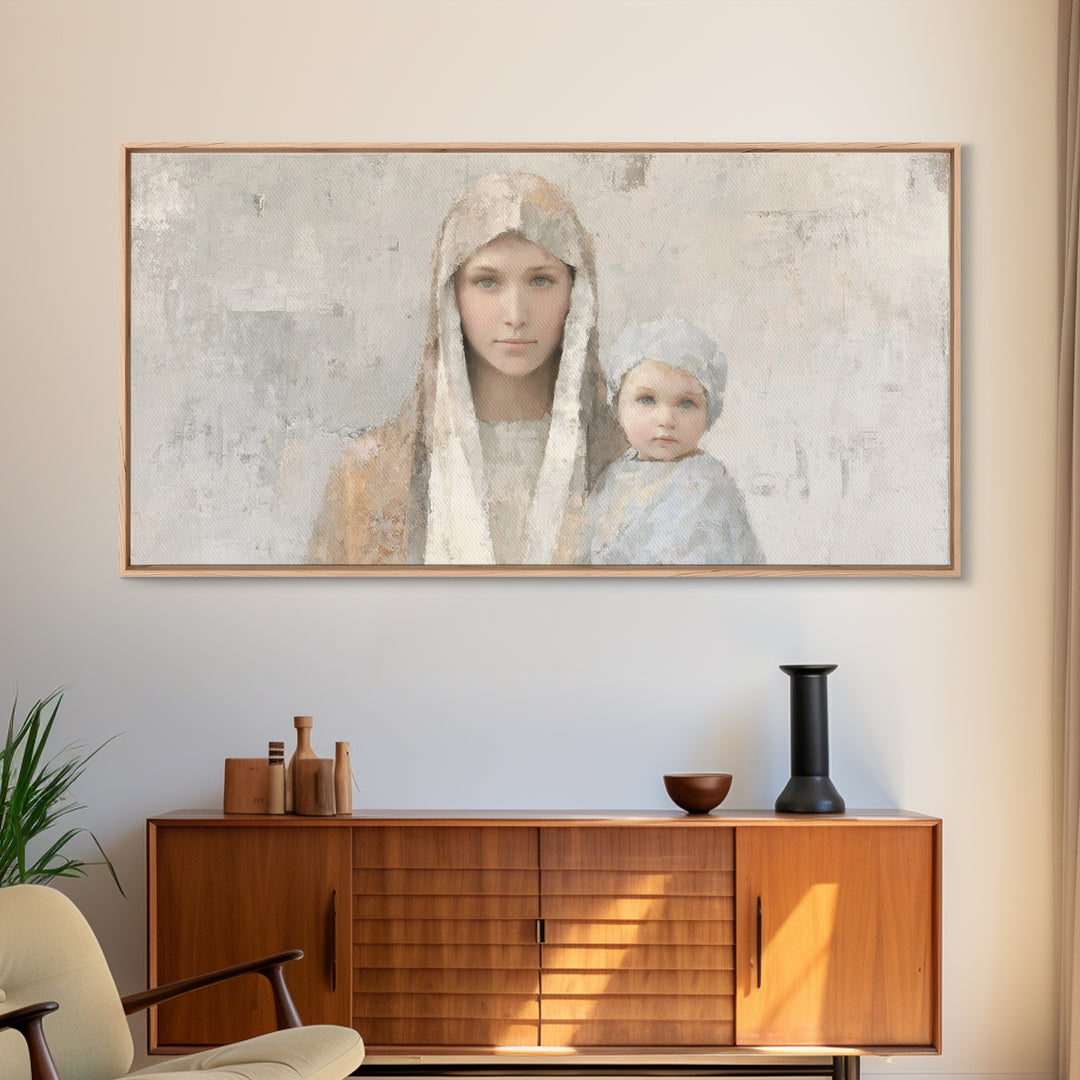 Mother’s Embrace, Framed Canvas Print, Christian Art Canvas, Mary and Jesus Painting, Christmas Wall Art, Christian Christmas Art, Modern C
