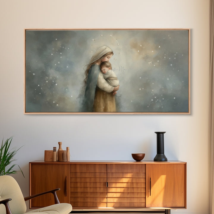 Starry Night Tenderness – Framed Canvas Print – Christian Christmas Art – Christian Art Gift – Mary and Jesus Painting – Christian Wall Art