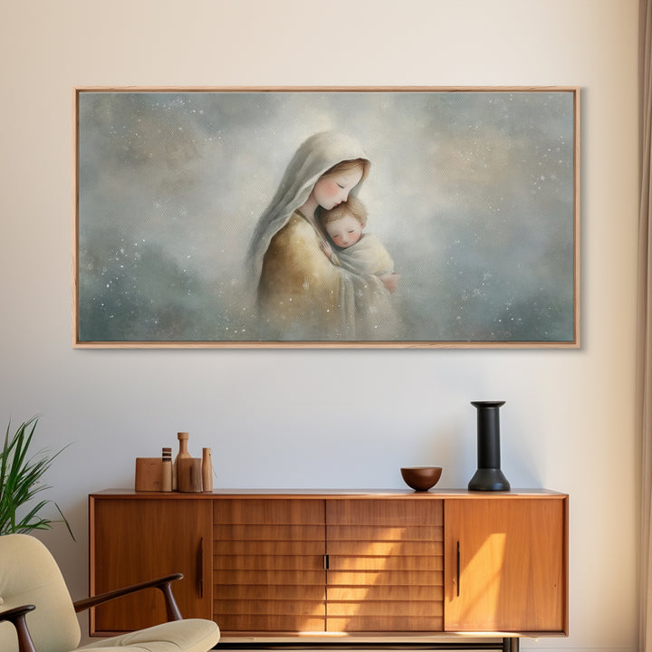 Snowfall Grace – Framed Canvas Print – Christmas Art – Christian Wall Art – Christian Art Canvas – Mary And Jesus Painting – Christian Gift