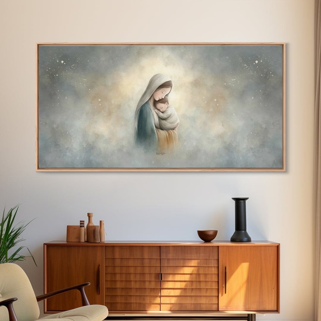 Sacred Embrace – Framed Canvas Print – Christian Art Canvas – Christian Wall Art – Jesus Painting – Christmas Art – Christian Christmas
