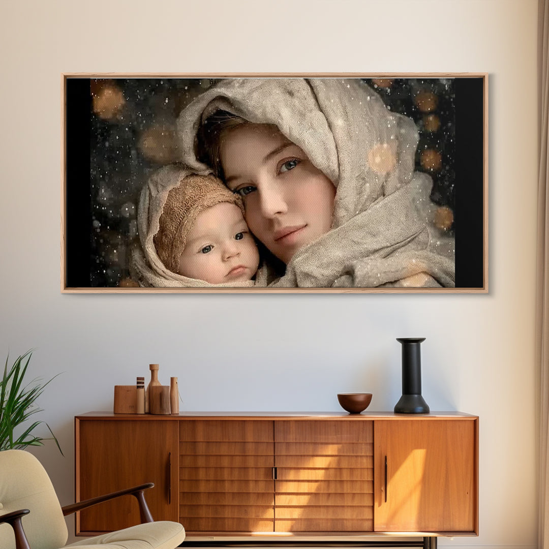 Winter Haven | Framed Canvas Print | Christian Wall Art | Christian Art Canvas | Mary And Jesus Painting | Christmas Art | Christian Art