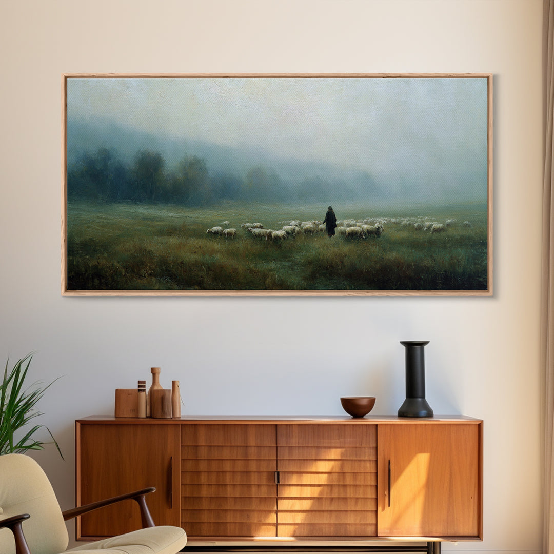 Misty Shepherd Path | Framed Canvas Print | Christian Wall Art | Jesus Painting | Christian Art Canvas | Moody Christian Art | Christmas Ar
