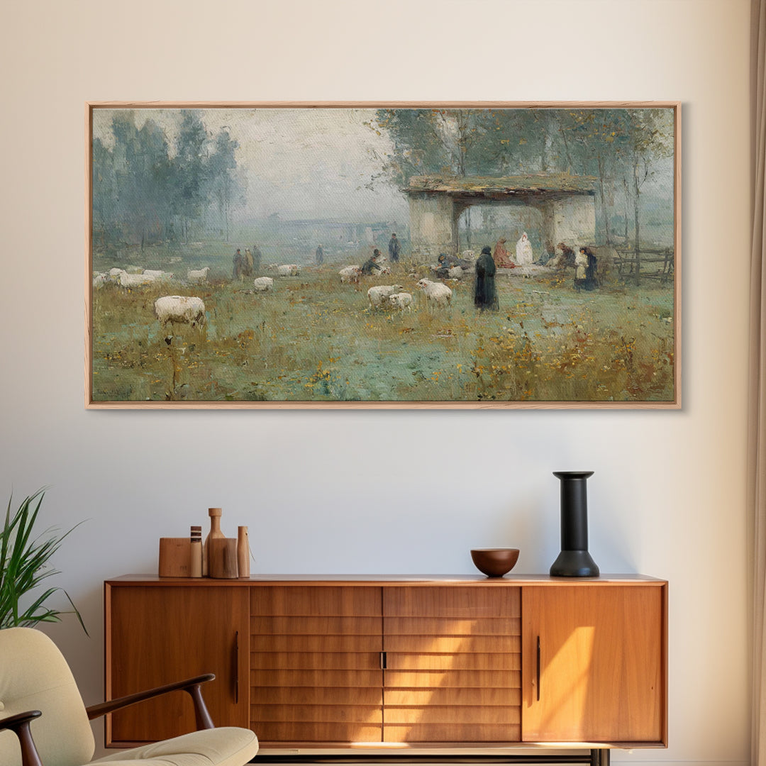 Pastoral Nativity, Framed Canvas Print, Christian Art Canvas, Christmas Art, Jesus Painting, Christian Wall Art, Christian Christmas Art