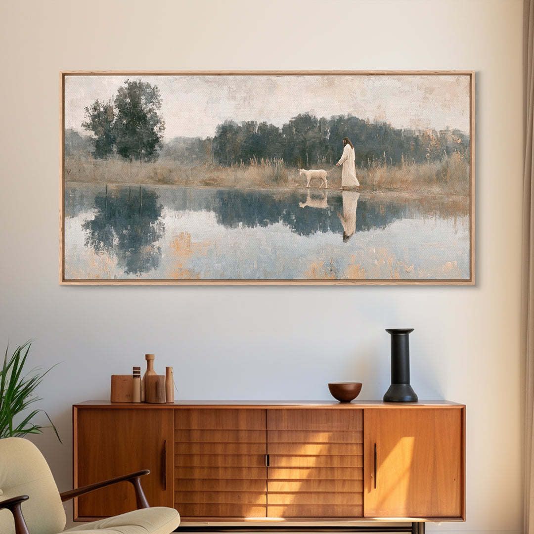 Pastoral Grace Shore – Framed Canvas Print – Christian Art Canvas – Jesus Painting – Christian Wall Art – Christian Decor