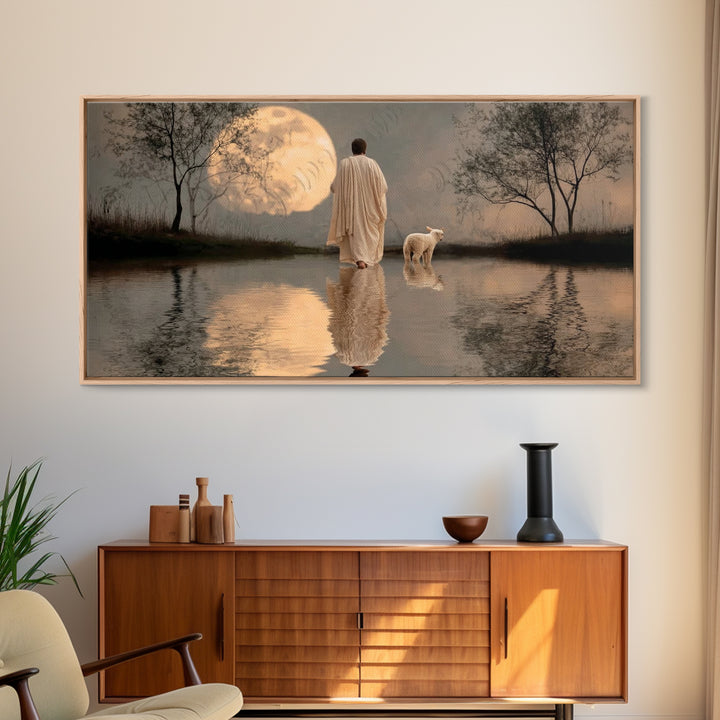 Moonlit Shepherd Calm – Framed Canvas Print – Christian Art Canvas – Christian Wall Art – Jesus Painting – Christian Christmas Art