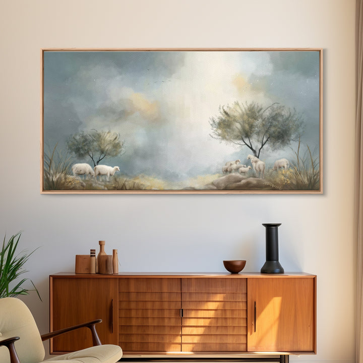Sacred Pasture Stillness – Framed Canvas Print – Christian Art Print – Jesus Painting – Christian Wall Art – Christmas Canvas Wall Art – Ch