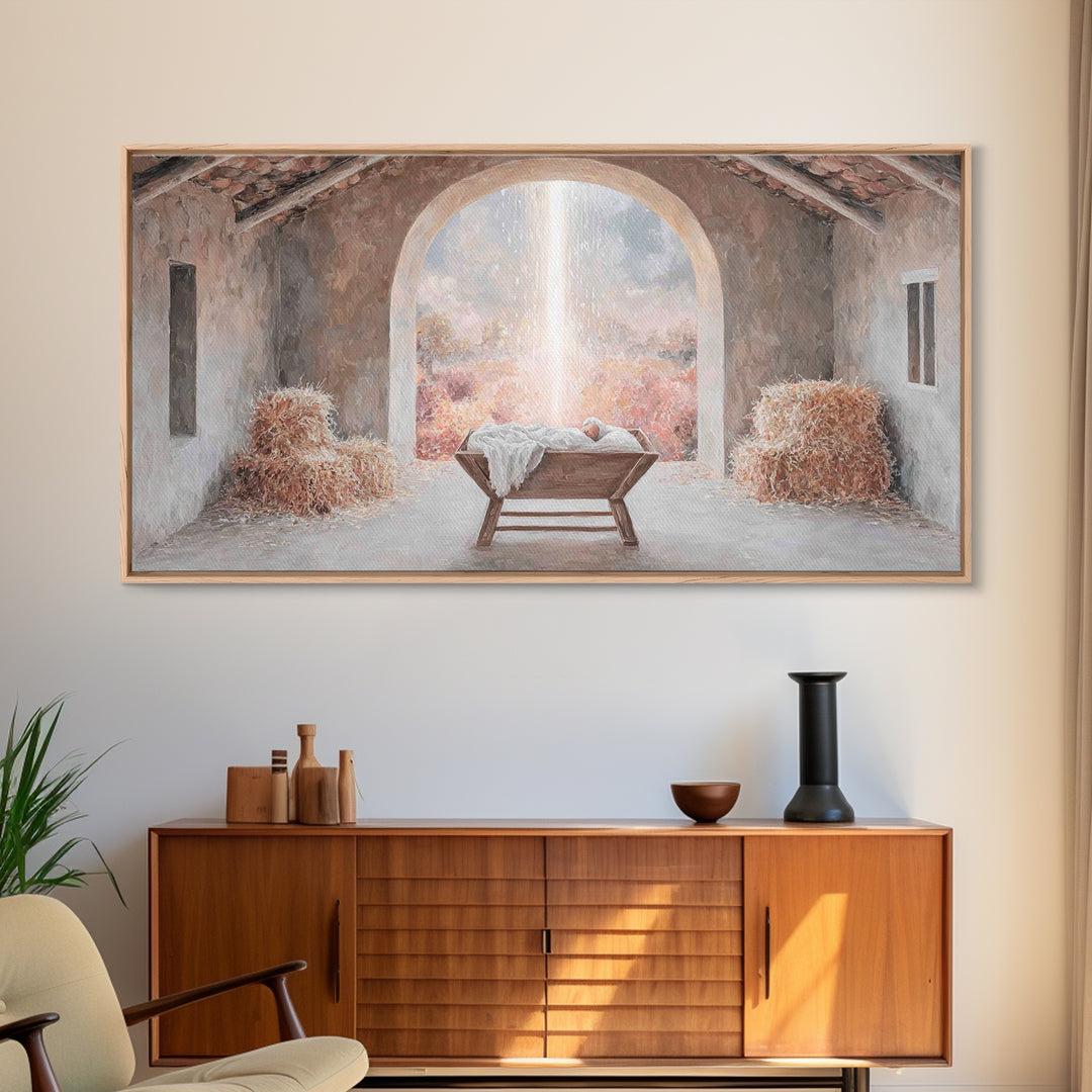 Blessed Manger Light – Framed Canvas Print – Christian Wall Art – Christian Art Canvas – Christmas Art – Christian Christmas Decor